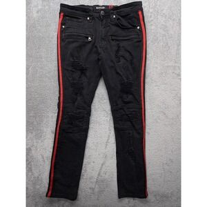 Makobi Jeans Mens Measured 34x30 Black Skinny Distressed Red Side Stripe Stretch